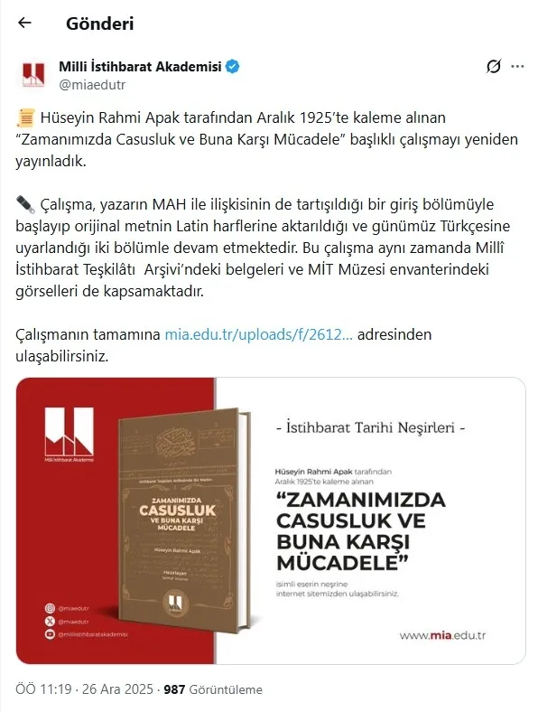 MİA’dan Türk istihbarat tarihine yeni bir katkı