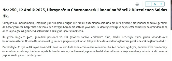 Saldırının ardından Dışişleri Bakanlığı, internet sitesi üzerinden yazılı bir açıklama yayımladı (Ekran görüntüsü))