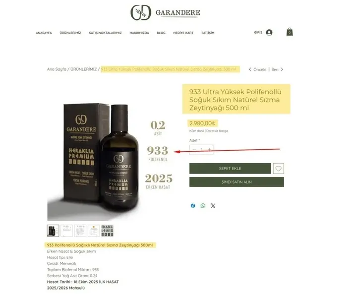 GARANDERE'nin ʺ933 polifenollüʺ diye sattığı zeytinyağı 251 polifenollü çıktı