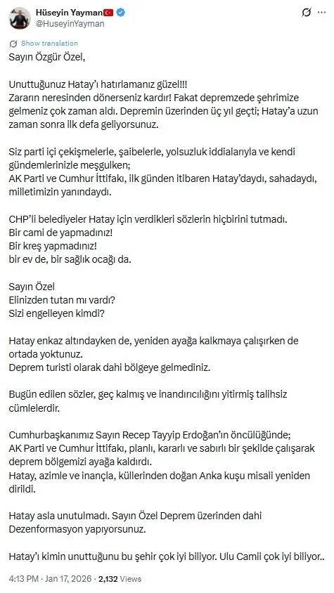 AK Parti Genel Başkan Yardımcısı Yayman’dan CHP Genel Başkanı Özel’e tepki gösterdi (X)