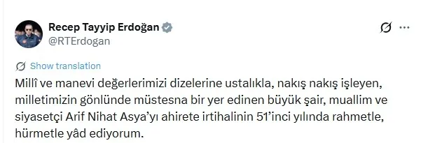 Başkan Erdoğan şair Arif Nihat Asya'yı vefatının 51'inci yılında andı