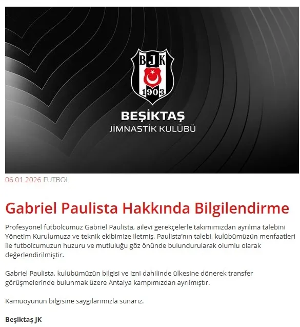 Beşiktaş Spor Kulübü yaptığı yazılı açıklamada Gabriel Paulista'nın transferine izin verildiğini bildirdi. (X- Ekran Görüntüsü)