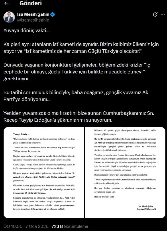 İstanbul Milletvekili İsa Mesih Şahin'in paylaşımı (X ekran görüntüsü)