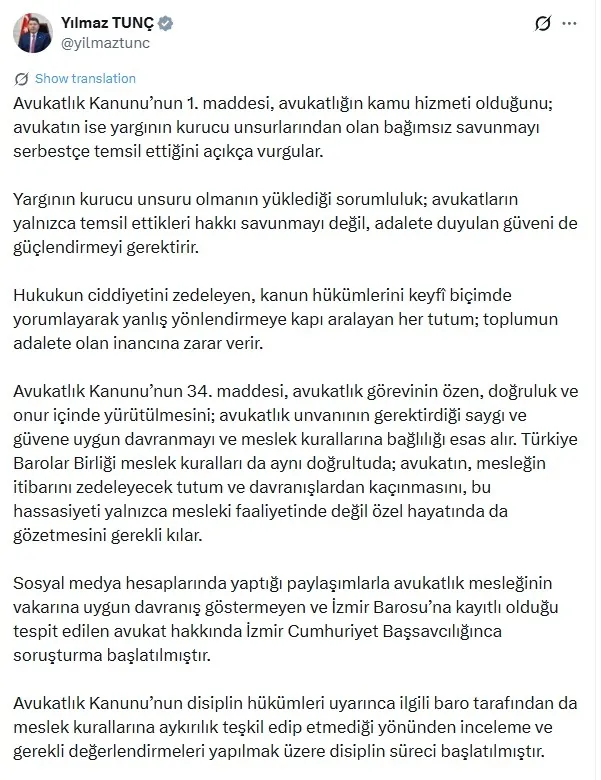 Bakan Tunç'un sosyal medyadan yaptığı paylaşım (X)